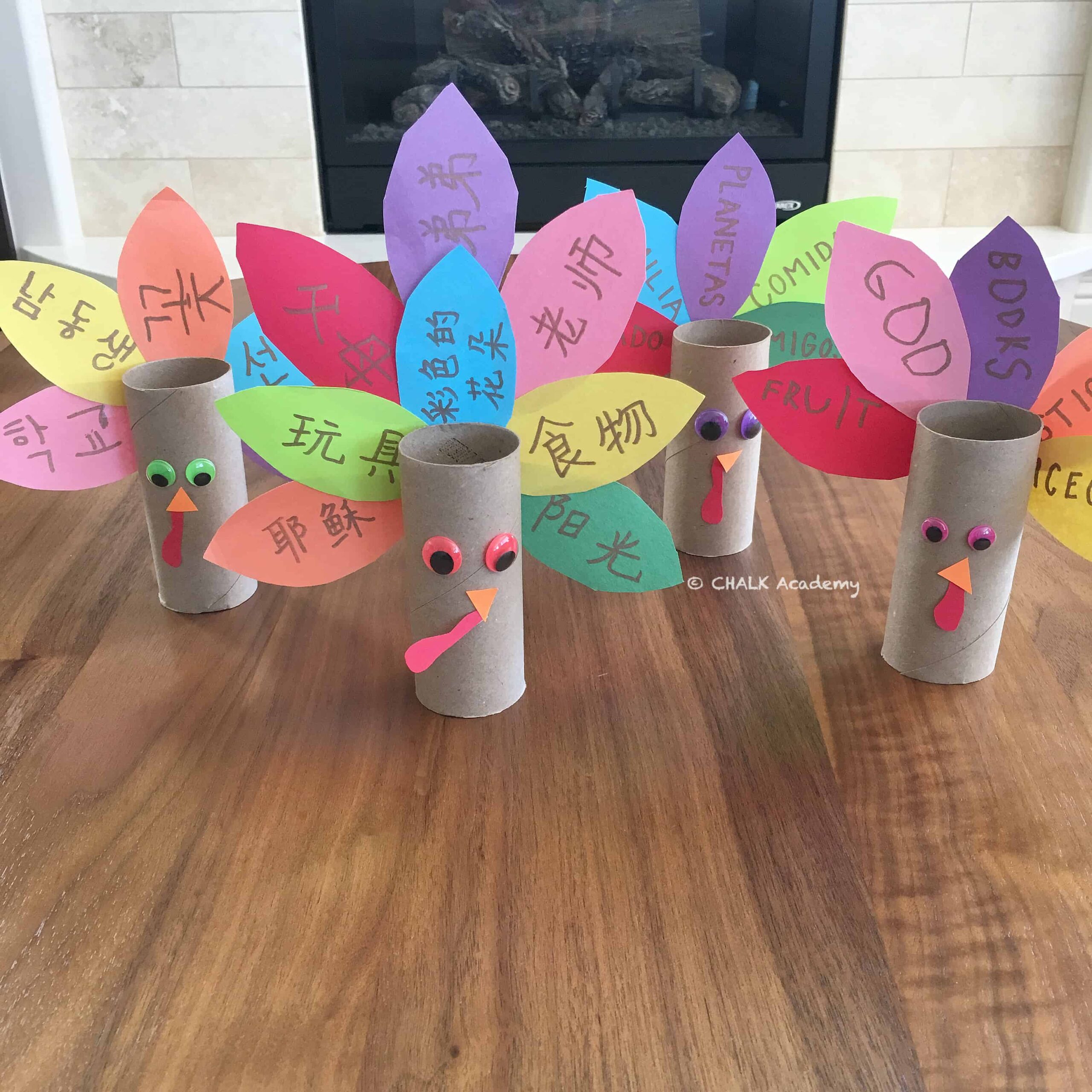 Easy Turkey Craft with Recycled Paper Rolls: Multilingual Thanksgiving Activity