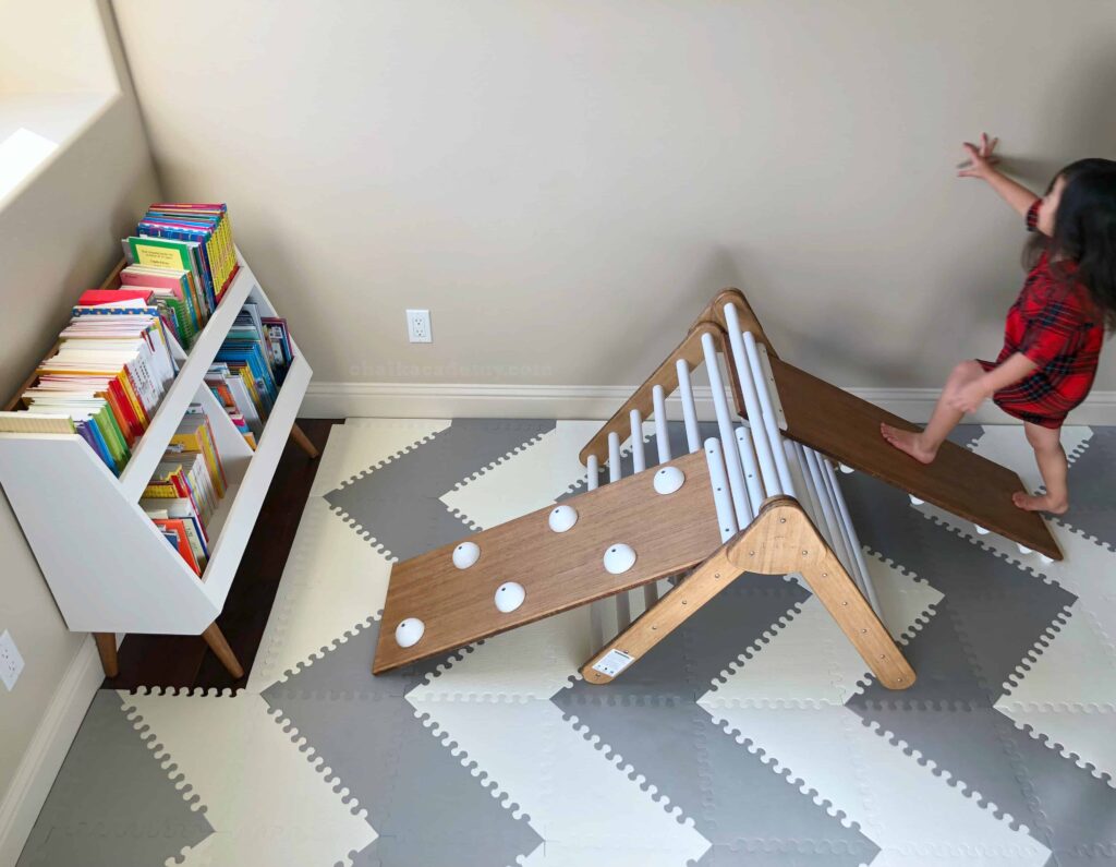 Pikler climing triangle from Lily and River on Etsy; Land of Nod bookcase