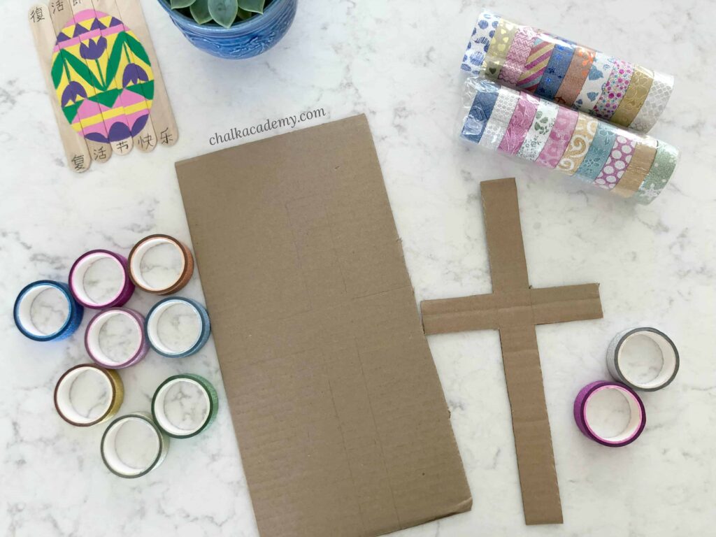 washi tape wrapped cardboard Easter cross craft for kids