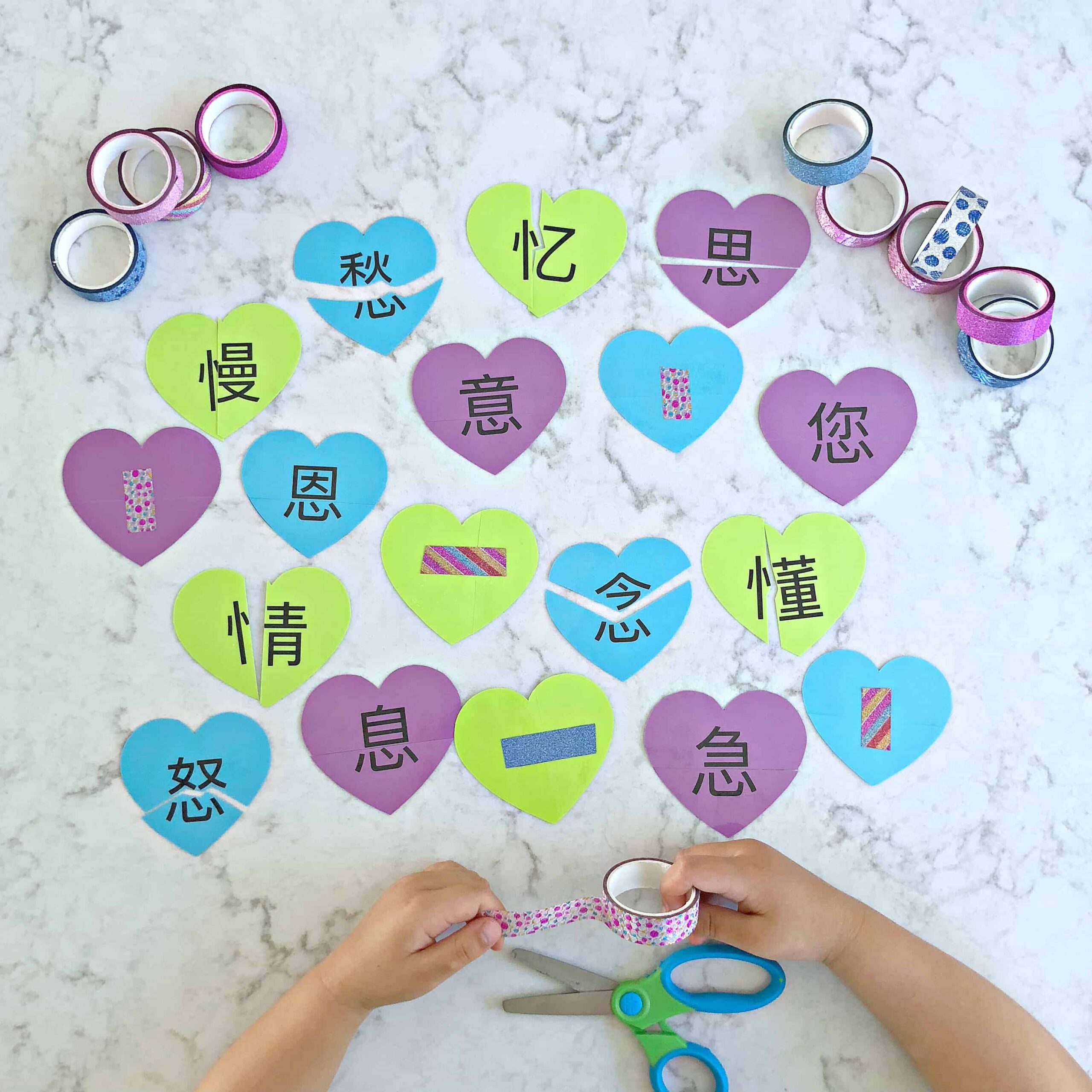 Learn Chinese Heart Radical Words with Heart Puzzles and Washi Tape!