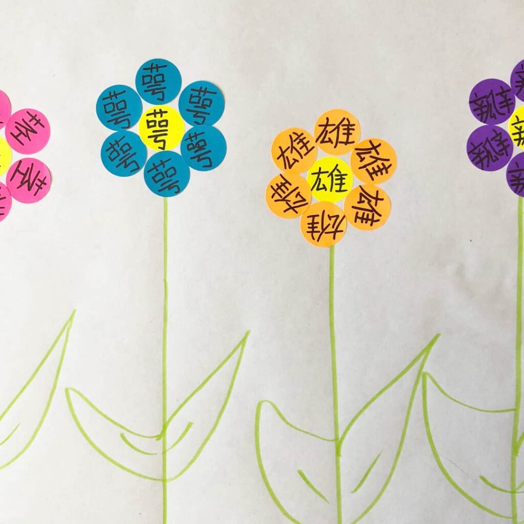 Parts of a flower dot sticker activity with Chinese characters