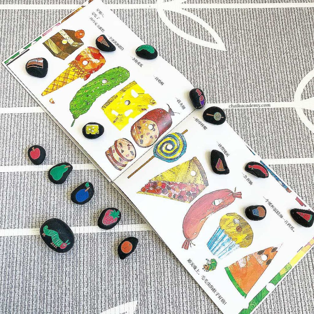 The Very Hungry Caterpillar Story Stones - Bilingual Book-Based Activity - Very Hungry Caterpillar Chinese