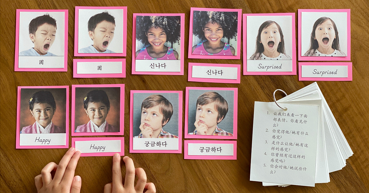 Emotions Book and Montessori 3-Part Cards in English, Chinese, and Korean