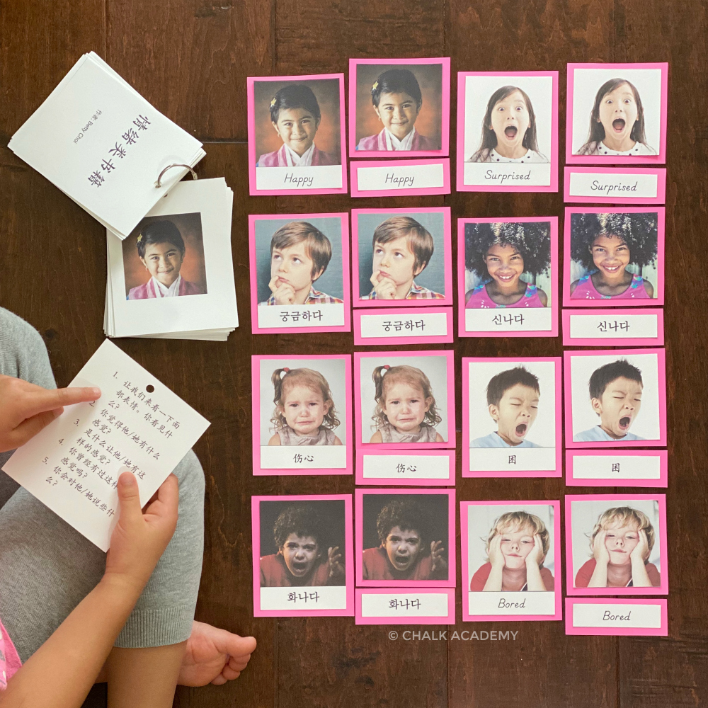 Emotions Book and Montessori 3-part cards in English, Chinese, and Korean