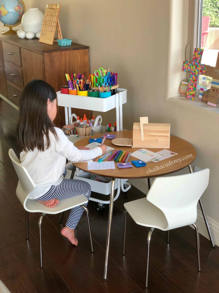 Writing cards with a cute wood mailbox toy and art cart