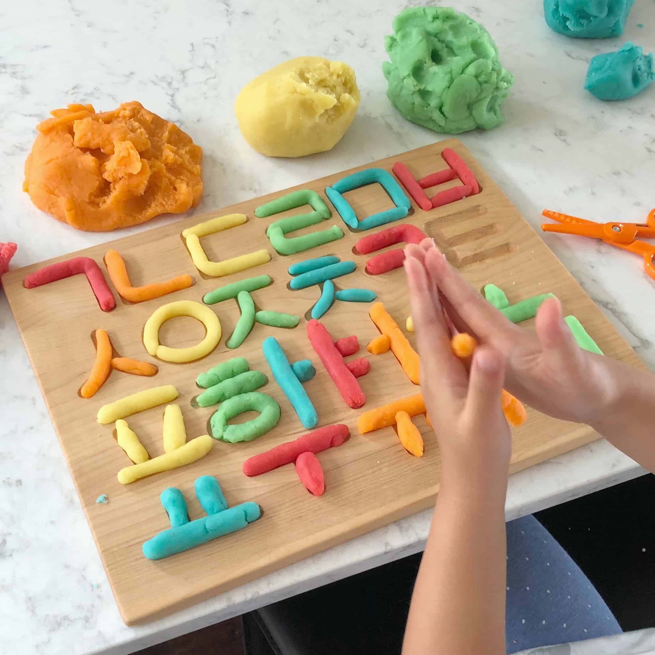 Korean Hangul alphabet activity with play dough