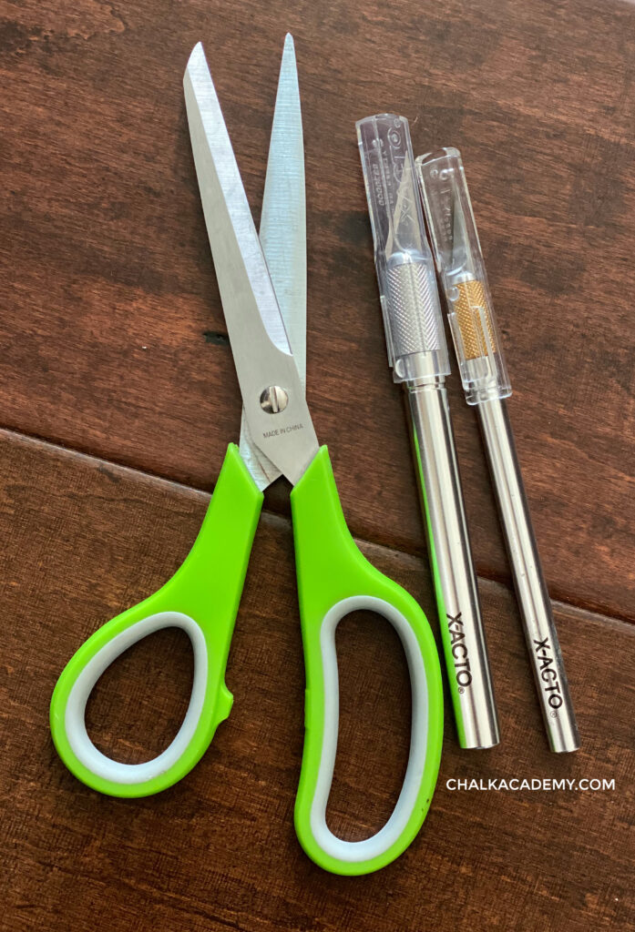 scissors, X-acto pen knives
