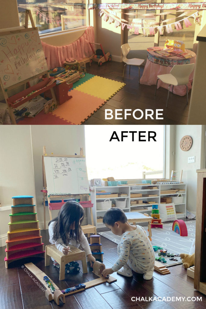 Play room before and after decluttering with multilingual kids pictures inspiration