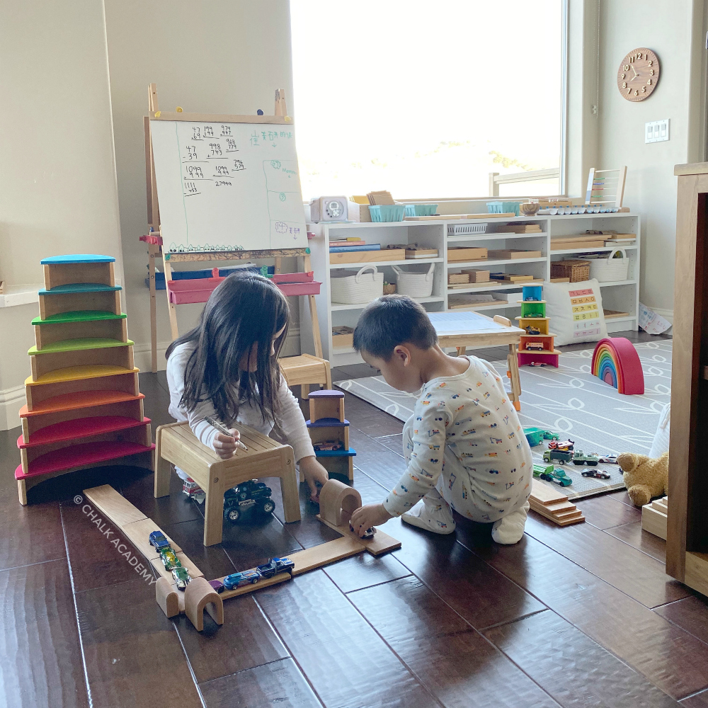 Organized playroom with multilingual kids
