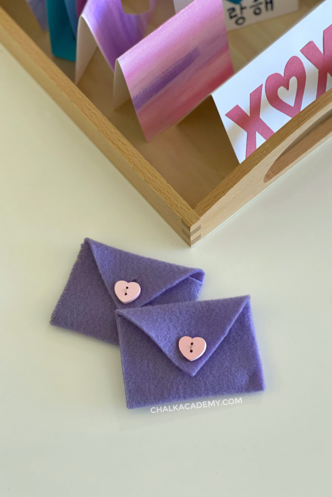 DIY felt envelopes with wood heart buttons