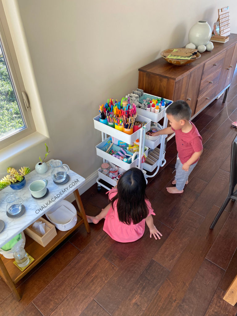 Kids Art Cart, Storage System, and Organization Tips - combined with mid-century modern dining room
