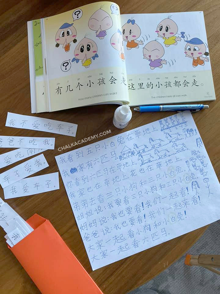 Practicing reading Chinese characters with sentence strips
