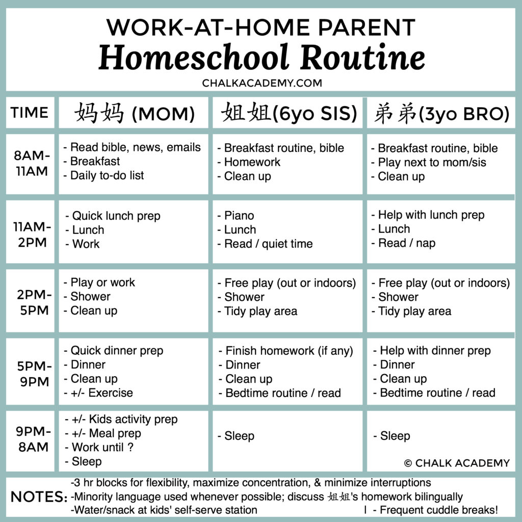 Work-At-Home Bilingual Homeschool Schedule with 2 Kids (Printable)