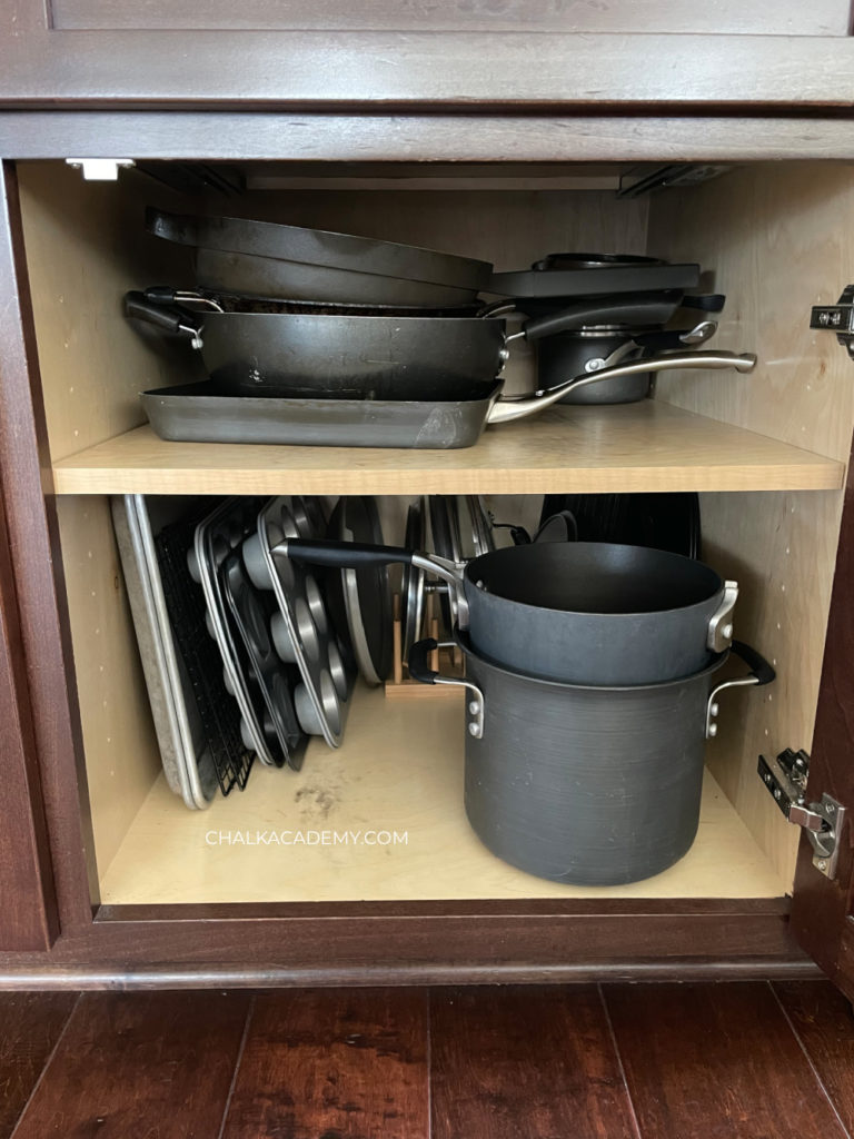 Kitchen pots, pans, lids, and baking pan organization; How We Keep our Kitchen Safe and Organized with Kids