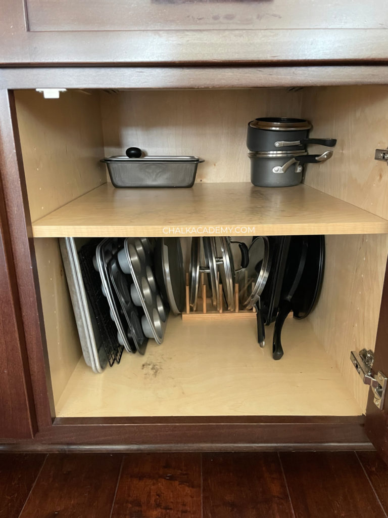 Kitchen pots, pans, lids, and baking pan organization