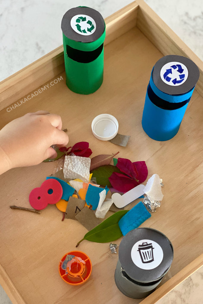 Earth Day sorting activity - trash, recycling, green waste - with things you have at home