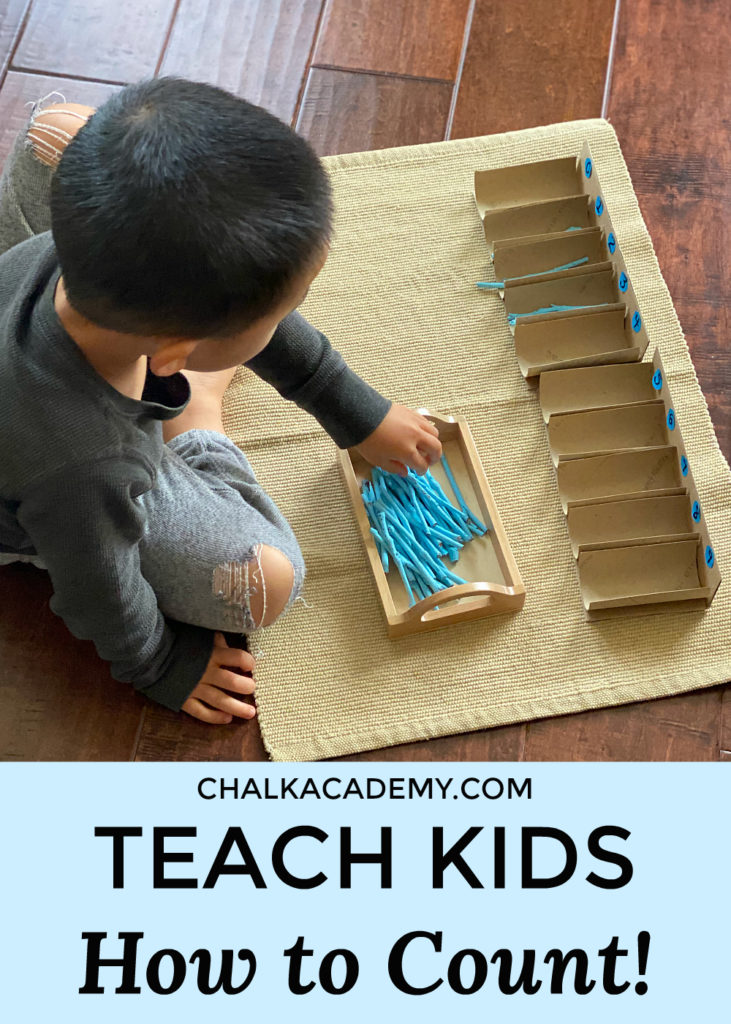 teach kids how to count with the Montessori spindle box - easy to DIY with recycled cardboard rolls!