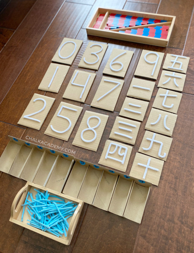 From top to bottom: Montessori number rods, tactile pipe cleaner numbers, DIY spindle box and mini tray