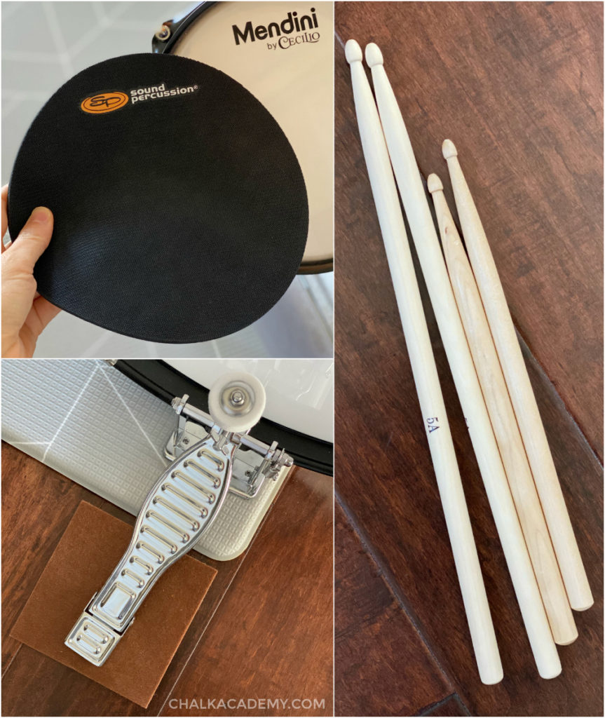 Junior drum set accessories: drum mutes, drum sticks, felt pad under petal