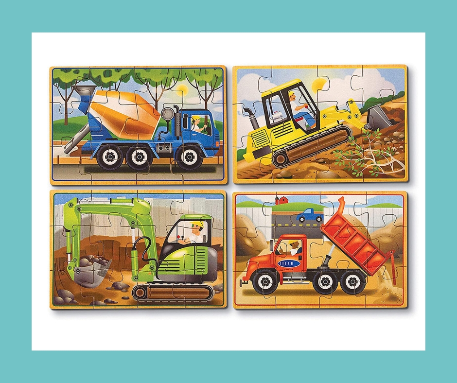Melissa & Doug 4-in-1 Wooden Jigsaw Puzzles Construction trucks for kids