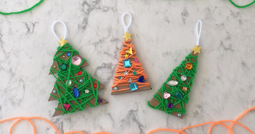 Yarn-wrapped cardboard Christmas tree ornaments