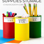 DIY Rainbow Art and School Supplies Storage Cans with Printable Bilingual Chinese-English labels