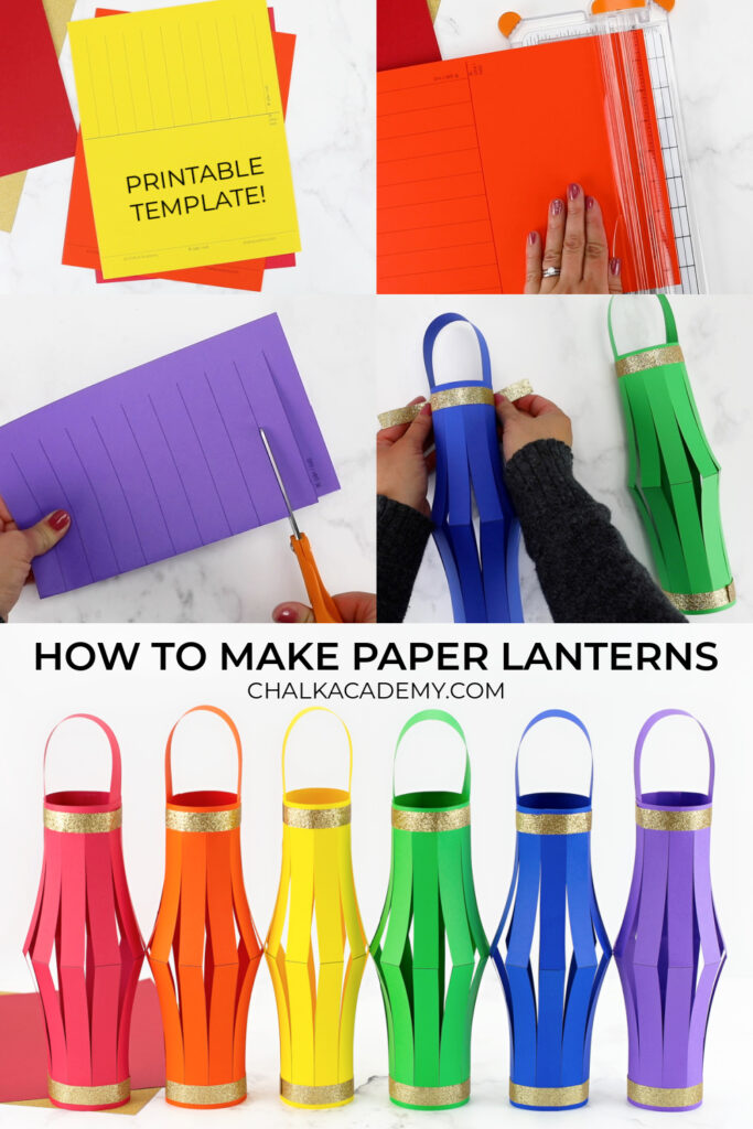 collage of images showing how to make paper lanterns including a fun downloadable template for Chinese New Year