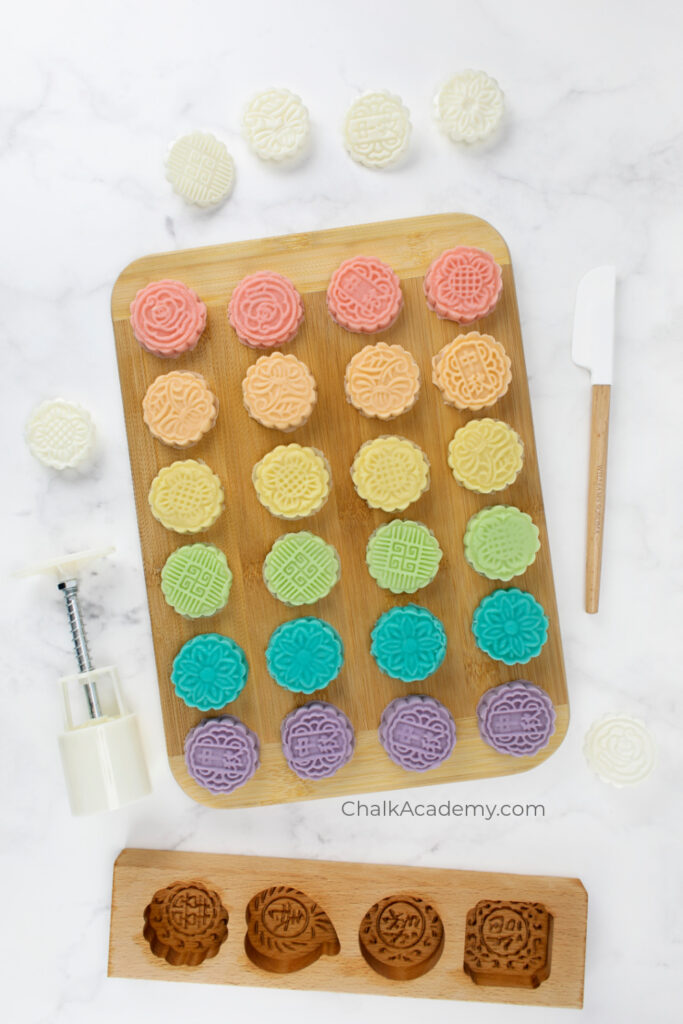 Playdough Mooncakes with wood and plastic mooncake molds