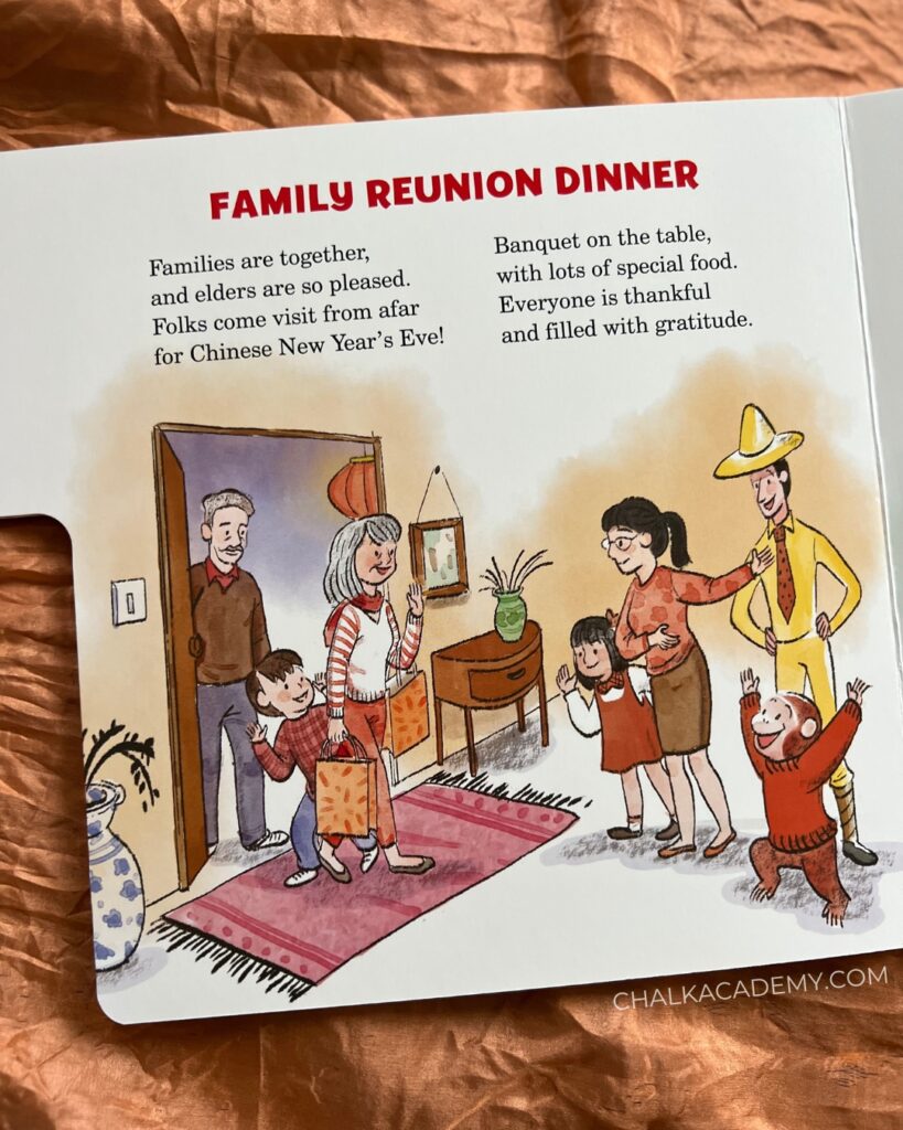 Picture of Curious George, the Man in the Yellow Hat, and a family welcoming guests. Text above reads: Family Reunion Dinner: Families are together, and elders are so pleased. Folks come visit from afar for Chinese New Year's Eve! Banquet on the table, with lots of special food. Everyone is thankful and filled with gratitude.