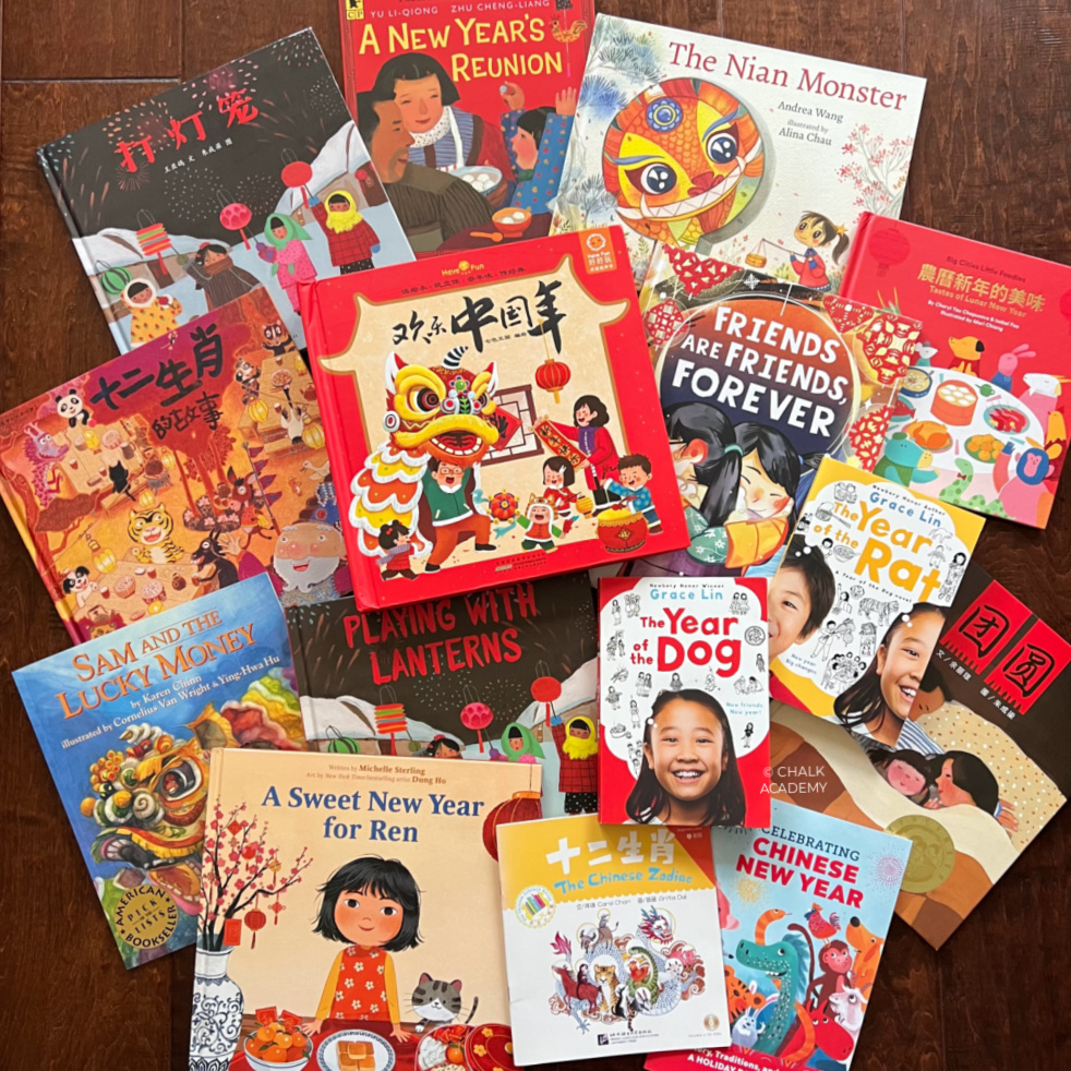 Giant stack of Chinese New Year books for Kids - Lunar New books in Chinese, English, and bilingual