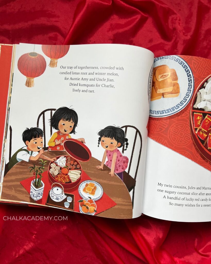 A Sweet New Year for Ren - Filipino Chinese New Year picture book for kids; children peeking inside a decadent tray of togetherness with candied lotus root, winter melon, and dried kumquats.