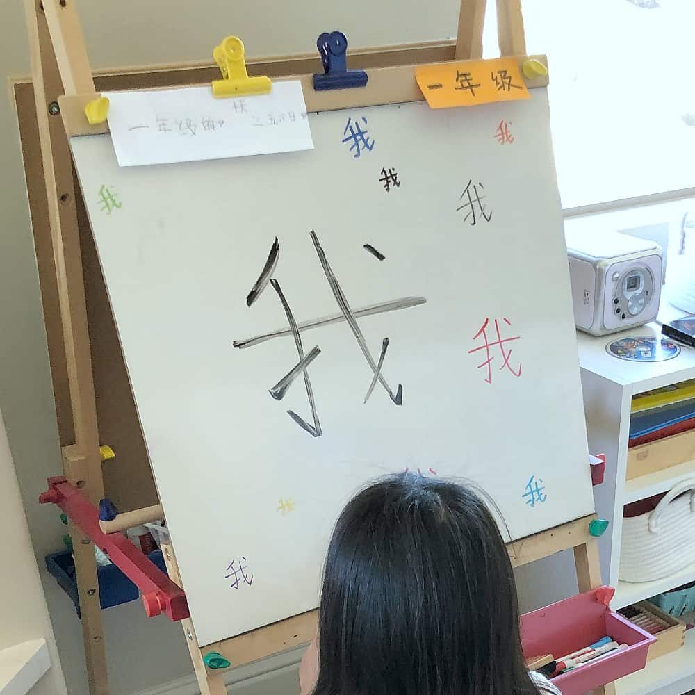 Writing 我  (Wǒ / Me) on the easel