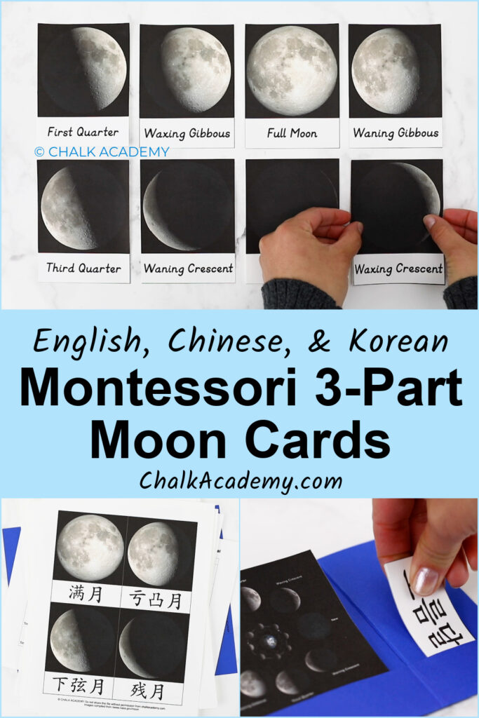 Montessori Moon Phase 3-Part Cards (English, Chinese, Korean)