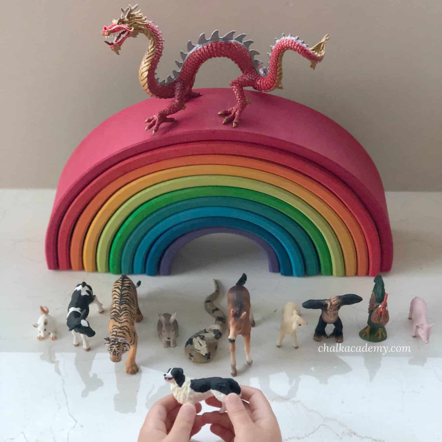 Grimms rainbow and Schleich toy animals